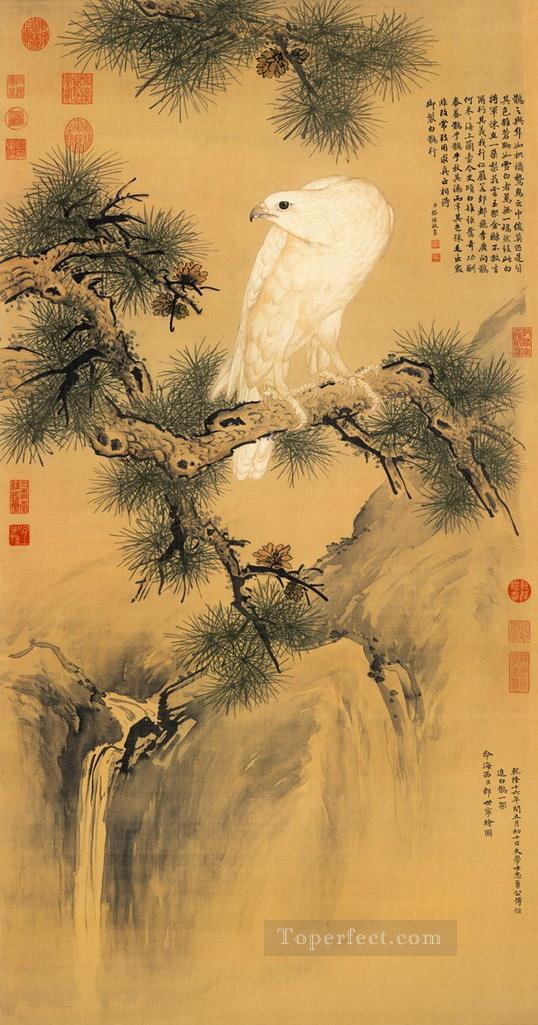 松の伝統的な中国語のラング輝く白い鳥油絵